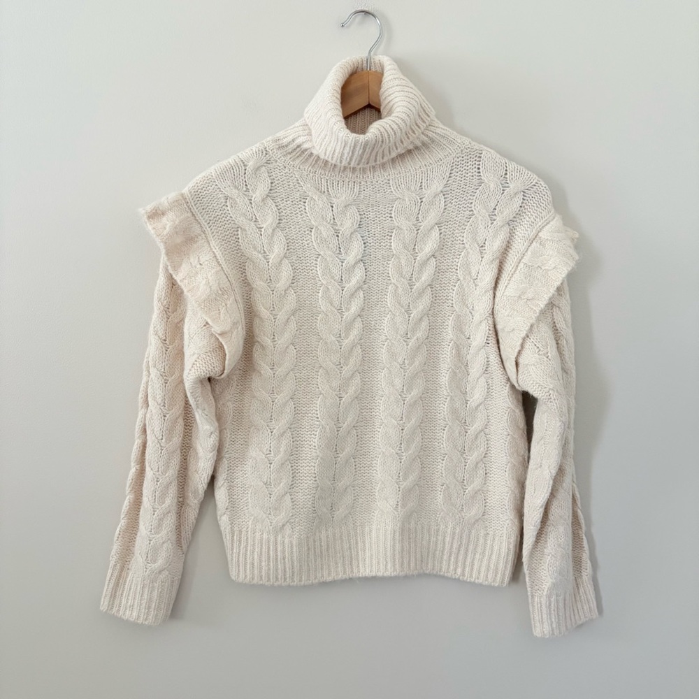 New JOE'S JEANS Cable Knit‎ Sweater Wool Blend Ruffle Turtleneck Cream Size XS